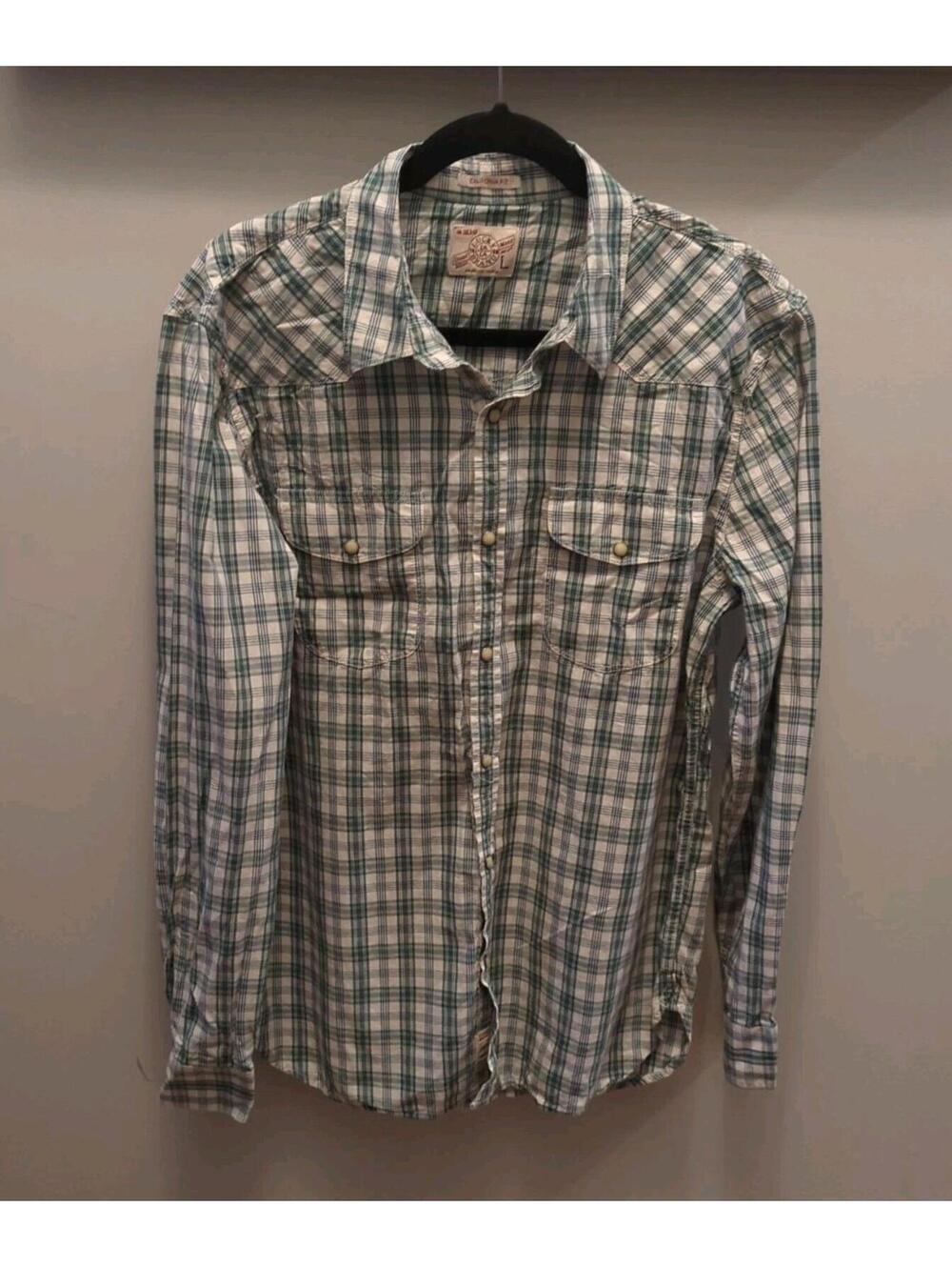 Lucky Brand Western Shirt L Men's Green Plaid Pearl Snaps Plaid Long Sleeve EUC